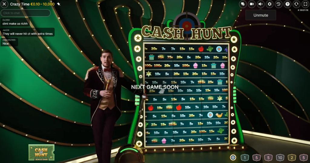 Cash Hunt: Et interaktivt skydespil, hvor spillere vælger mål på en stor skærm fyldt med 108 forskellige multiplikatorer